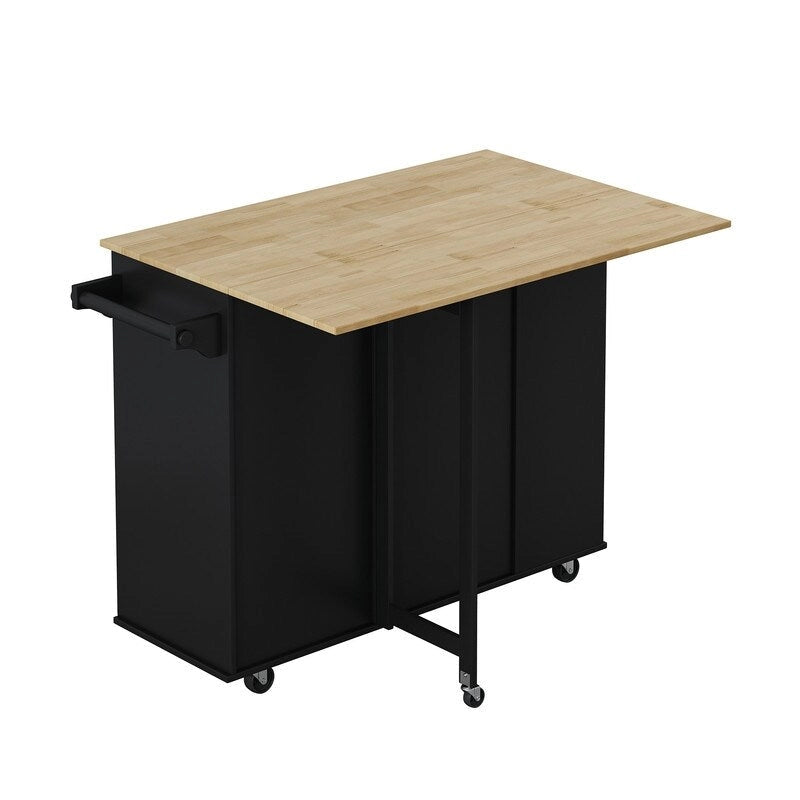 Îlot de cuisine multifonctionnel Grondin avec plateau rabattable en bois massif, 2 portes, 2 tiroirs, casier à vin et étagère à épices