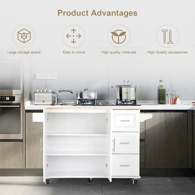 Chariot îlot de cuisine avec plateau extensible en bois d'hévéa et roues verrouillables