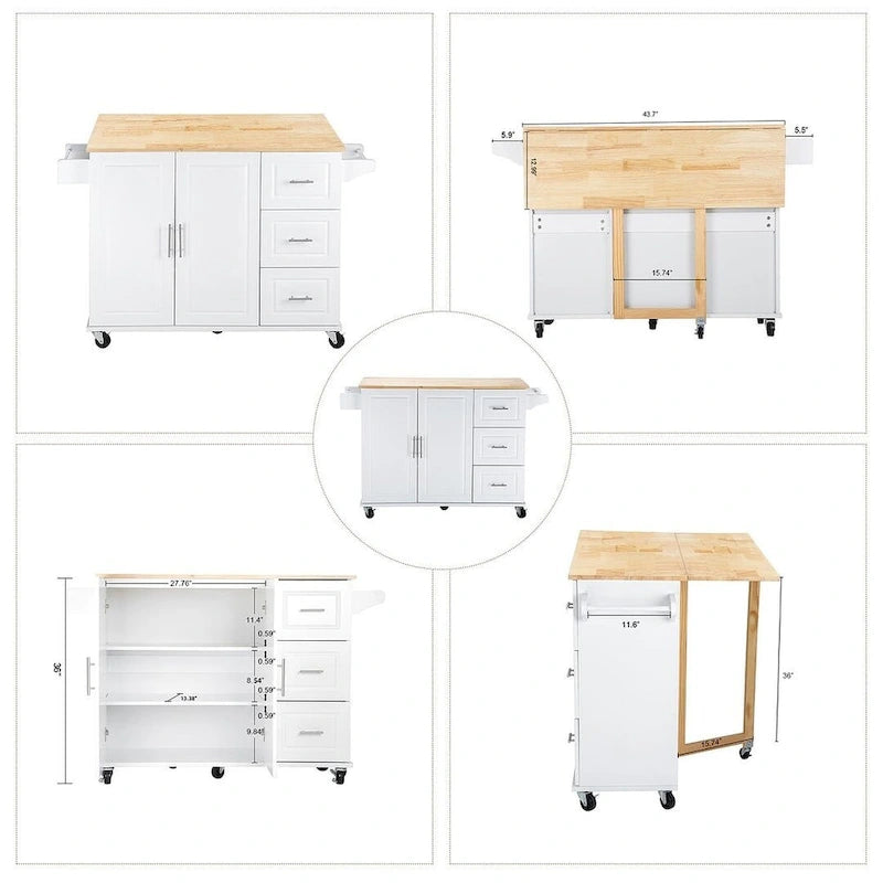 Chariot îlot de cuisine avec plateau extensible en bois d'hévéa et roues verrouillables