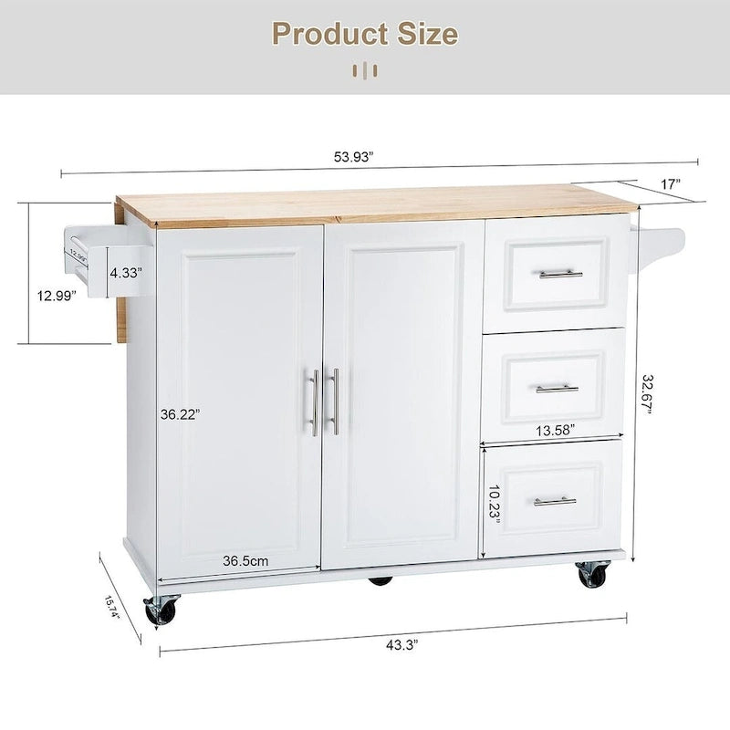 Chariot îlot de cuisine avec plateau extensible en bois d'hévéa et roues verrouillables