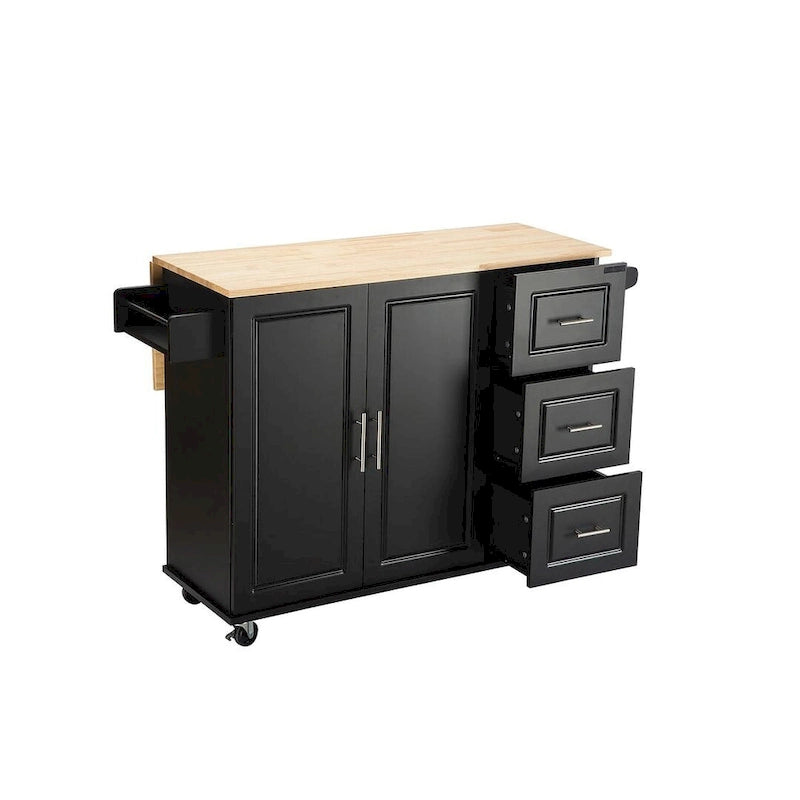 Chariot îlot de cuisine avec plateau extensible en bois d'hévéa et roues verrouillables