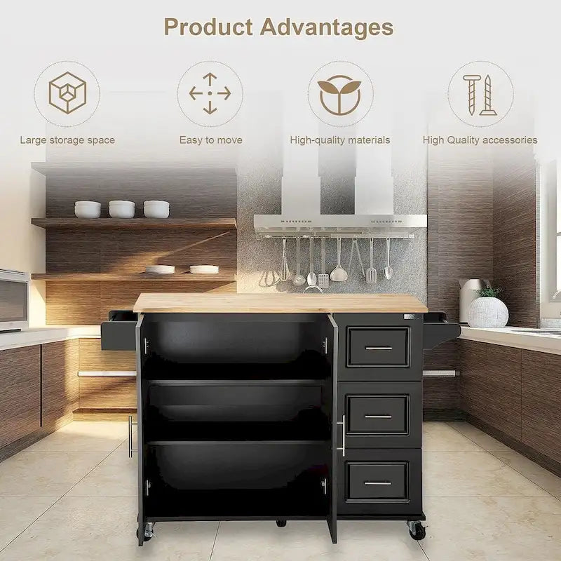 Chariot îlot de cuisine avec plateau extensible en bois d'hévéa et roues verrouillables