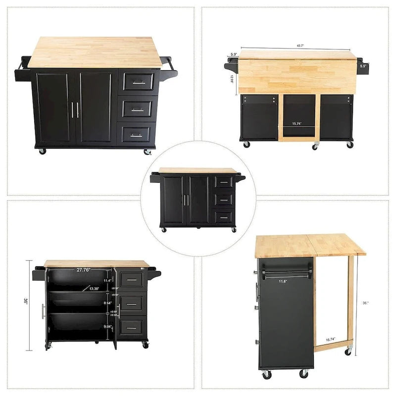Chariot îlot de cuisine avec plateau extensible en bois d'hévéa et roues verrouillables