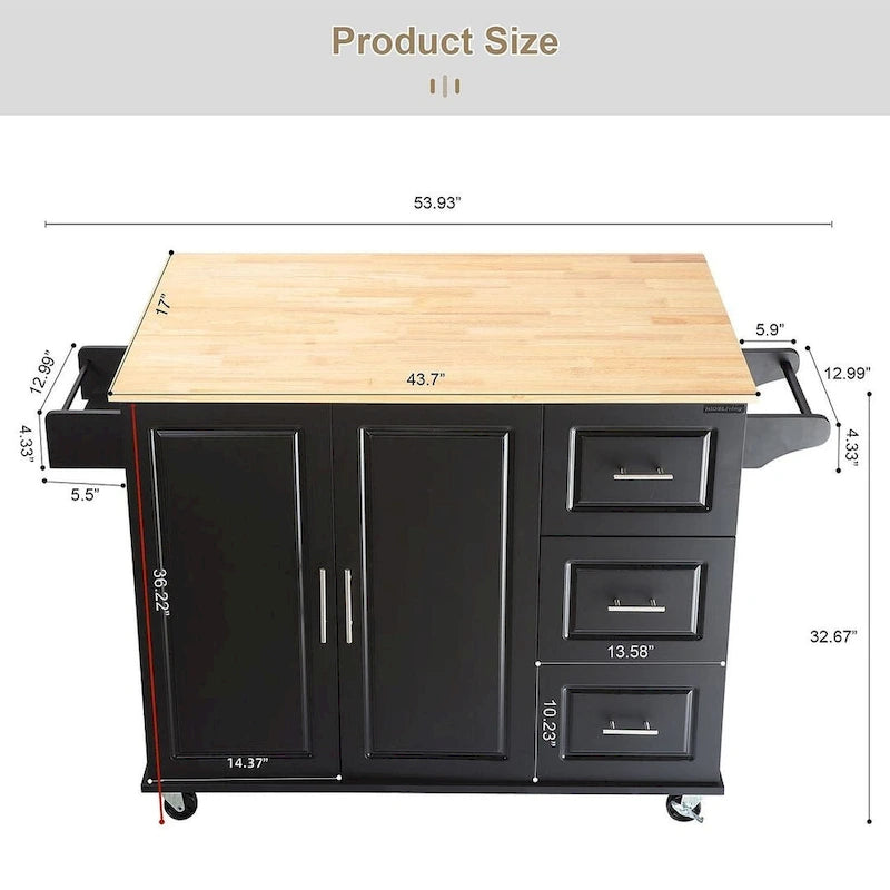 Chariot îlot de cuisine avec plateau extensible en bois d'hévéa et roues verrouillables