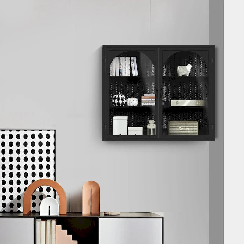 Armoire murale moderne à deux portes vitrées avec rangement à trois niveaux - N/A