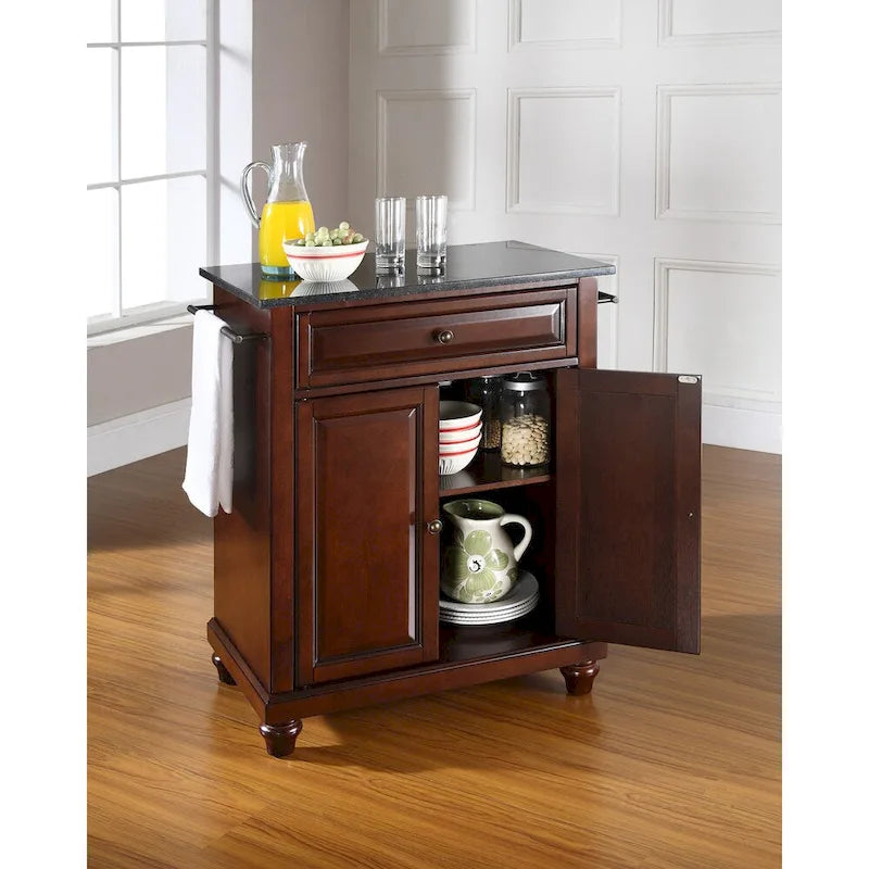 Îlot de cuisine mobile Crosley Cambridge, plateau en granit noir massif, finition acajou vieilli - 46 cm (P) x 79 cm (L) x 91 cm (H)