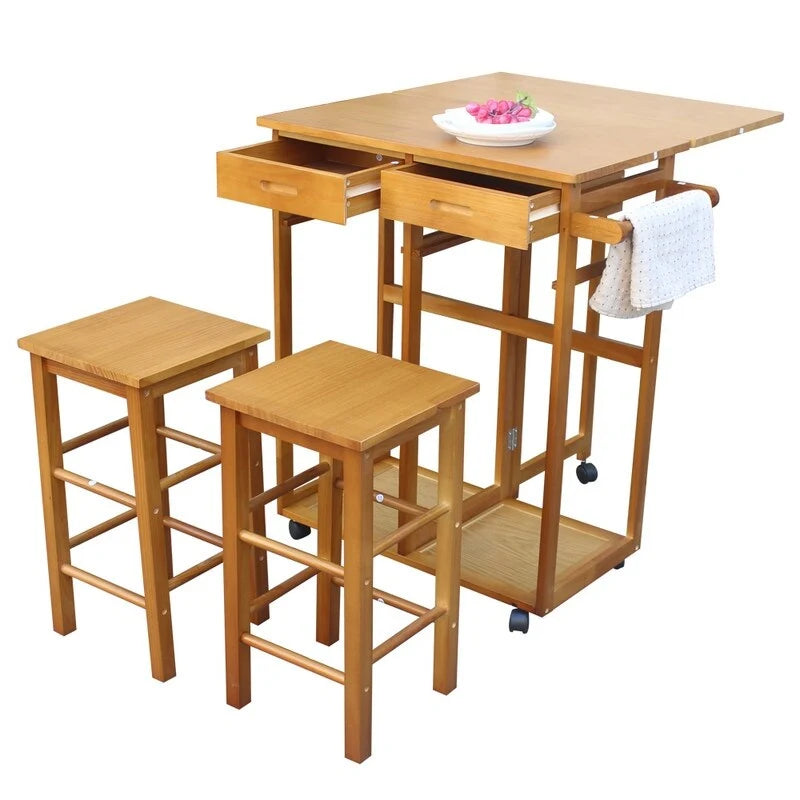 Chariot de cuisine pliant carré en bois massif avec 2 tabourets offerts, marron