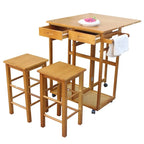 Chariot de cuisine pliant carré en bois massif avec 2 tabourets offerts, marron