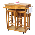 Chariot de cuisine pliant carré en bois massif avec 2 tabourets offerts, marron