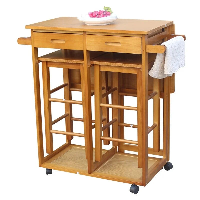 Chariot de cuisine pliant carré en bois massif avec 2 tabourets offerts, marron