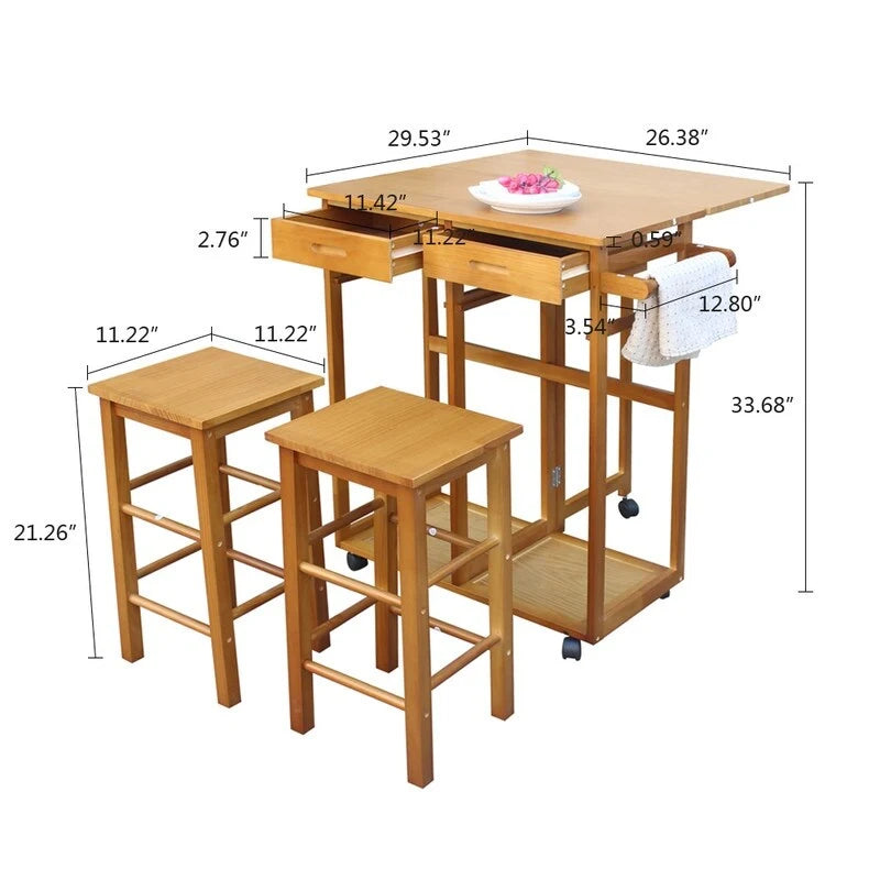 Chariot de cuisine pliant carré en bois massif avec 2 tabourets offerts, marron