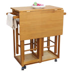 Chariot de cuisine pliant carré en bois massif avec 2 tabourets offerts, marron