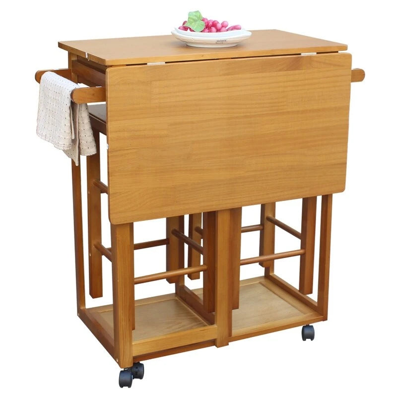 Chariot de cuisine pliant carré en bois massif avec 2 tabourets offerts, marron