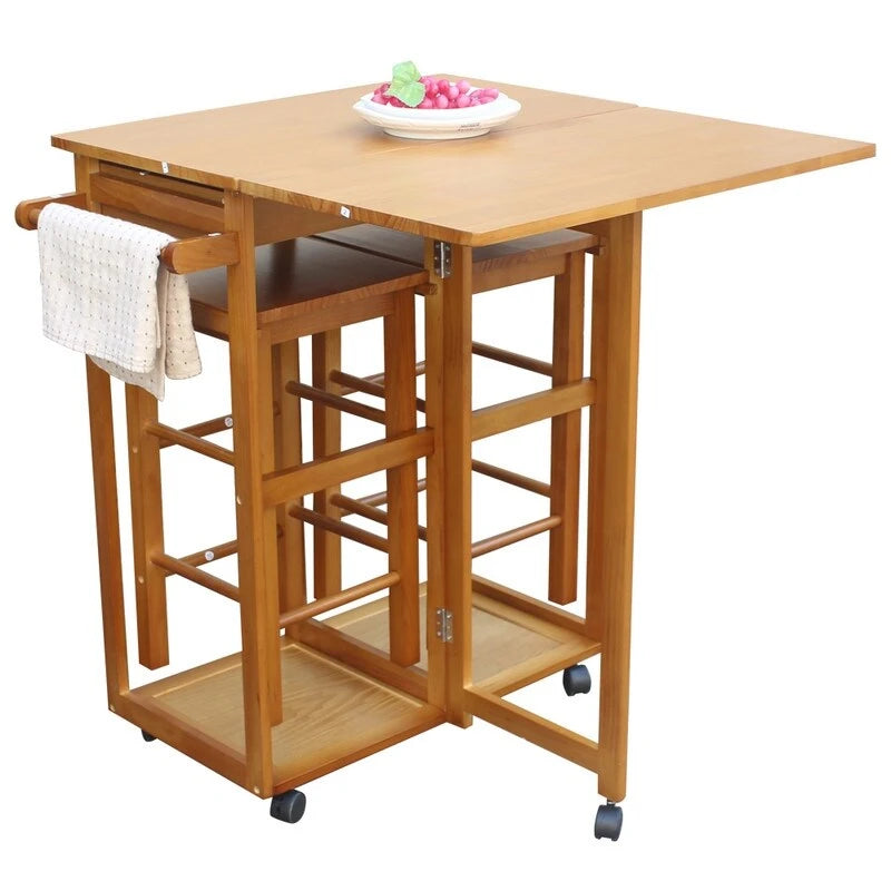 Chariot de cuisine pliant carré en bois massif avec 2 tabourets offerts, marron