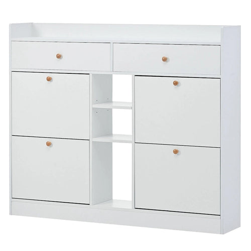 Meuble à chaussures à 2 niveaux avec 4 tiroirs rabattables, blanc, autoportant