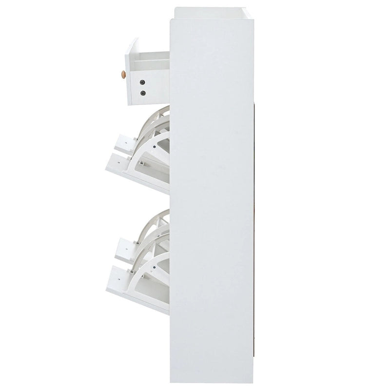 Meuble à chaussures à 2 niveaux avec 4 tiroirs rabattables, blanc, autoportant
