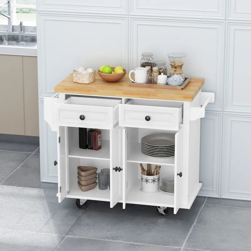 Chariot de cuisine en MDF avec 4 portes et 2 tiroirs, étagère à épices, porte-serviettes