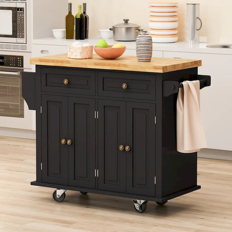 Chariot de cuisine en MDF avec 4 portes et 2 tiroirs, étagère à épices, porte-serviettes
