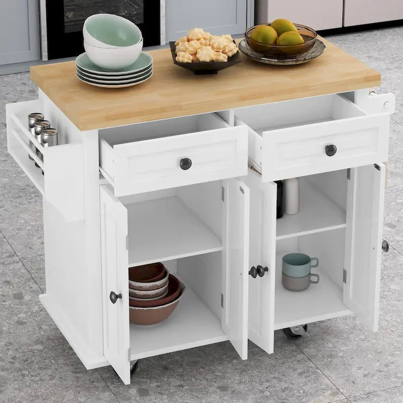 Chariot de cuisine en MDF avec 4 portes et 2 tiroirs, étagère à épices, porte-serviettes