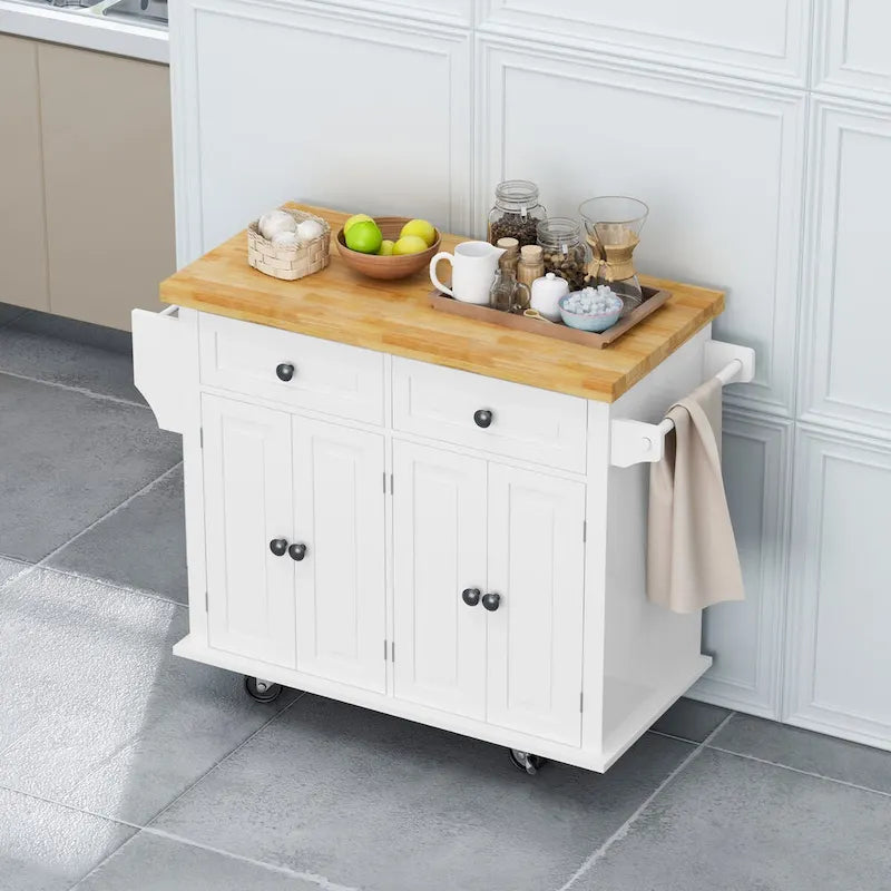 Chariot de cuisine en MDF avec 4 portes et 2 tiroirs, étagère à épices, porte-serviettes