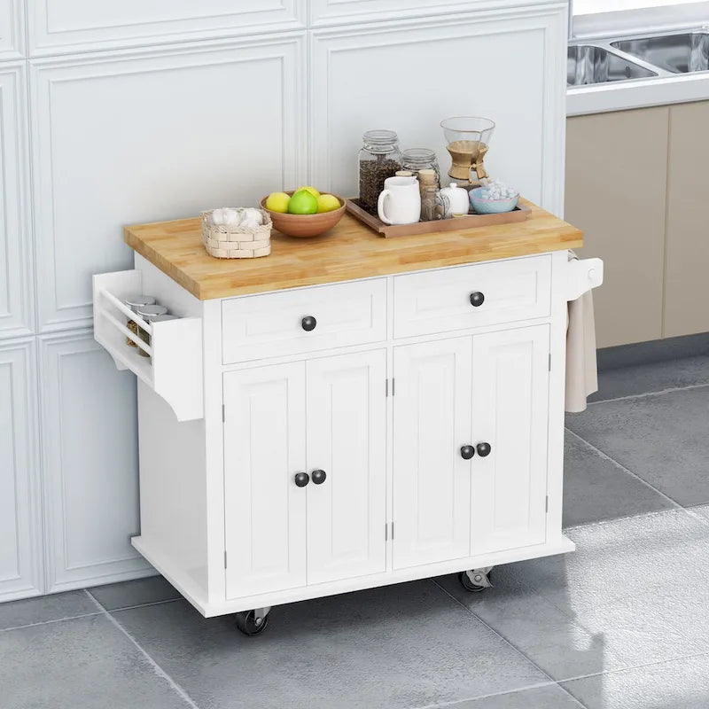 Chariot de cuisine en MDF avec 4 portes et 2 tiroirs, étagère à épices, porte-serviettes
