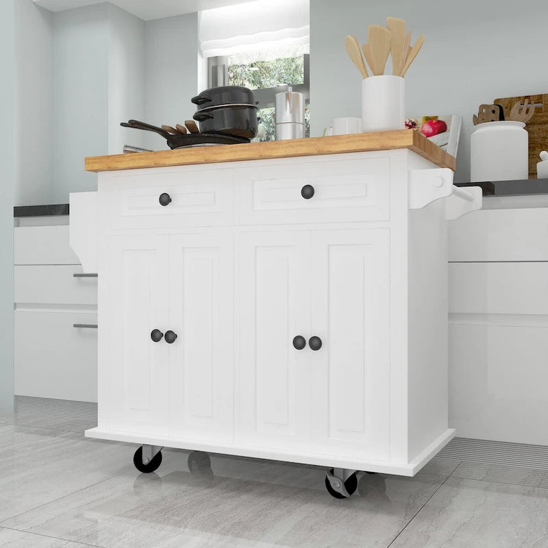 Chariot de cuisine en MDF avec 4 portes et 2 tiroirs, étagère à épices, porte-serviettes