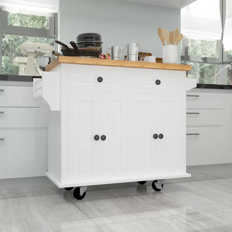 Chariot de cuisine en MDF avec 4 portes et 2 tiroirs, étagère à épices, porte-serviettes