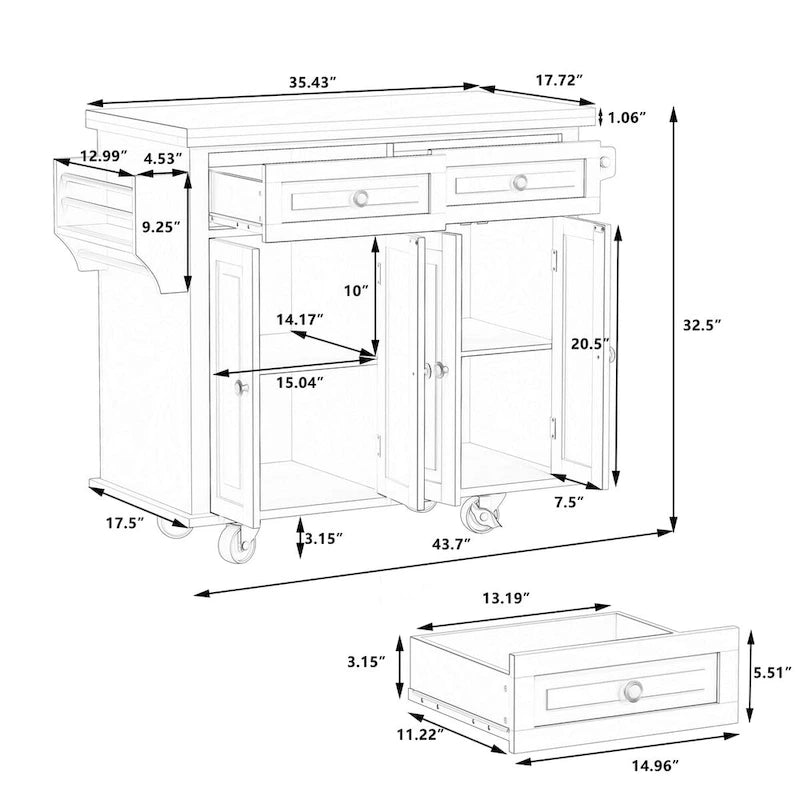 Chariot de cuisine en MDF avec 4 portes et 2 tiroirs, étagère à épices, porte-serviettes