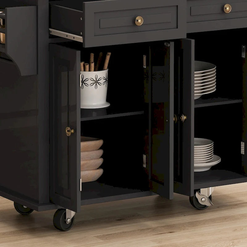 Chariot de cuisine en MDF avec 4 portes et 2 tiroirs, étagère à épices, porte-serviettes
