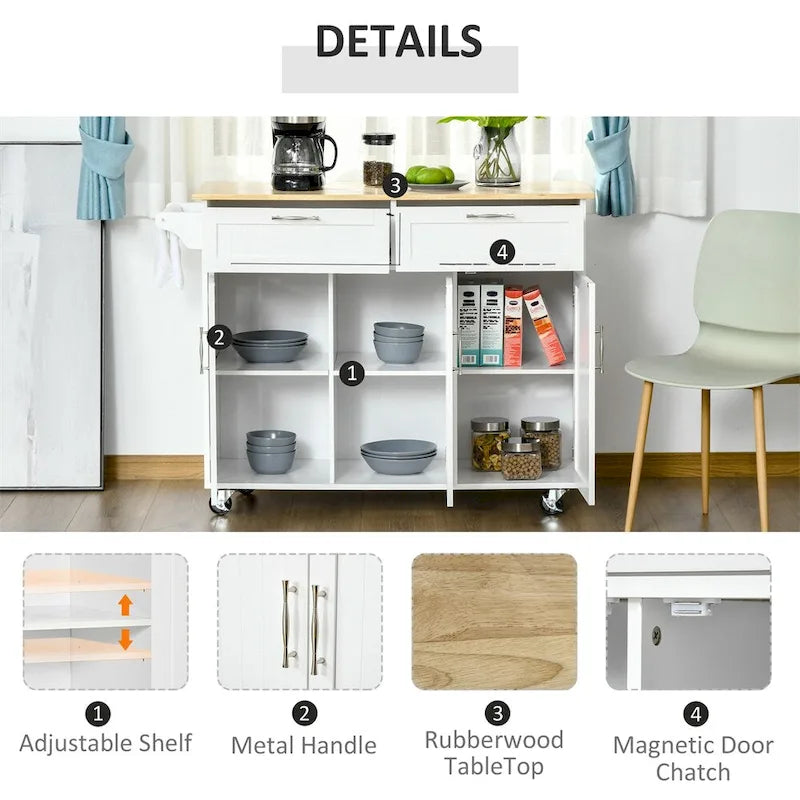 Îlot de cuisine mobile en bois avec rangement et étagères réglables - Non applicable