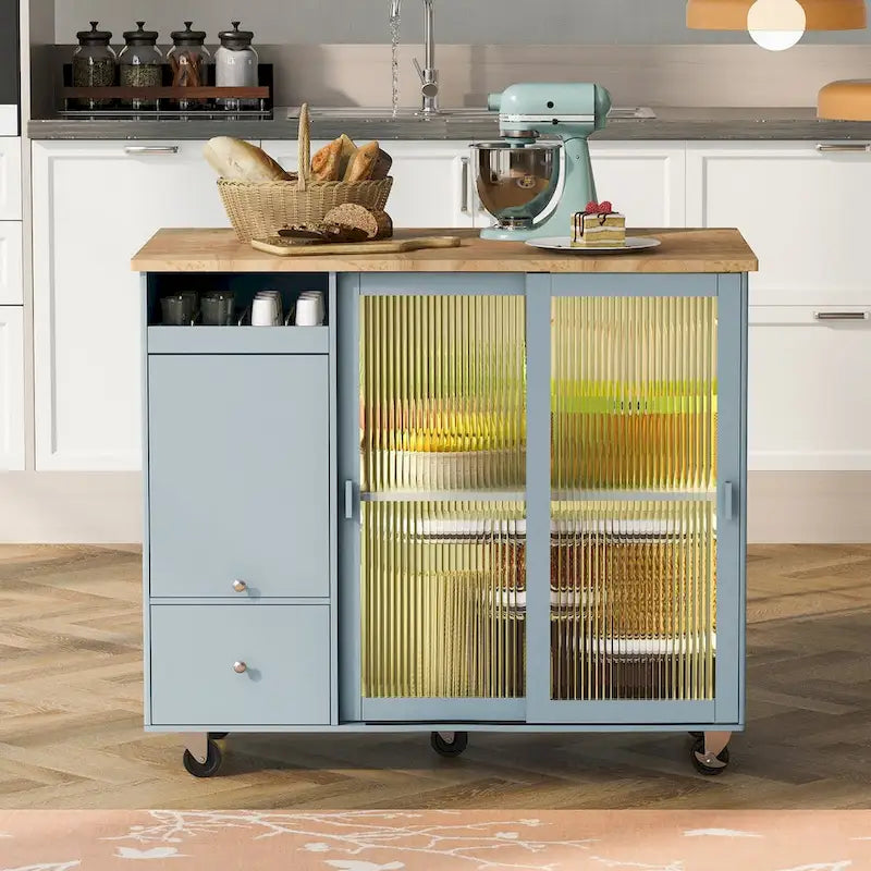 Îlot de cuisine mobile avec plateau rabattable, éclairage LED, portes en verre cannelé, étagère réglable et deux tiroirs
