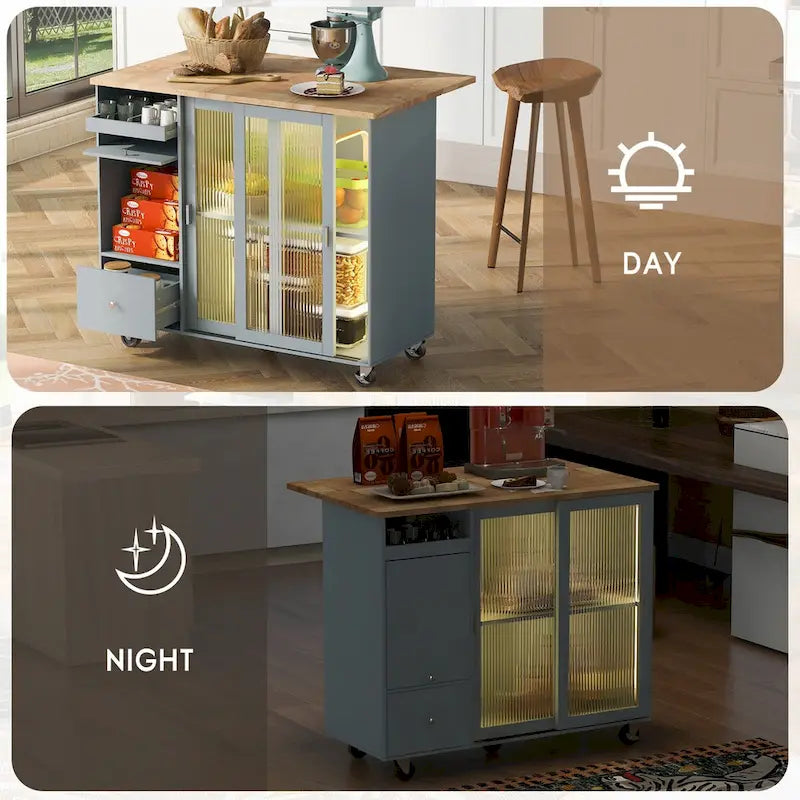 Îlot de cuisine mobile avec plateau rabattable, éclairage LED, portes en verre cannelé, étagère réglable et deux tiroirs