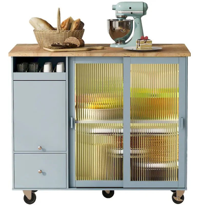 Îlot de cuisine mobile avec plateau rabattable, éclairage LED, portes en verre cannelé, étagère réglable et deux tiroirs