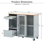 Îlot de cuisine mobile avec plateau rabattable, éclairage LED, portes en verre cannelé, étagère réglable et deux tiroirs