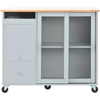 Îlot de cuisine mobile avec plateau rabattable, éclairage LED, portes en verre cannelé, étagère réglable et deux tiroirs