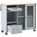 Îlot de cuisine mobile avec plateau rabattable, éclairage LED, portes en verre cannelé, étagère réglable et deux tiroirs