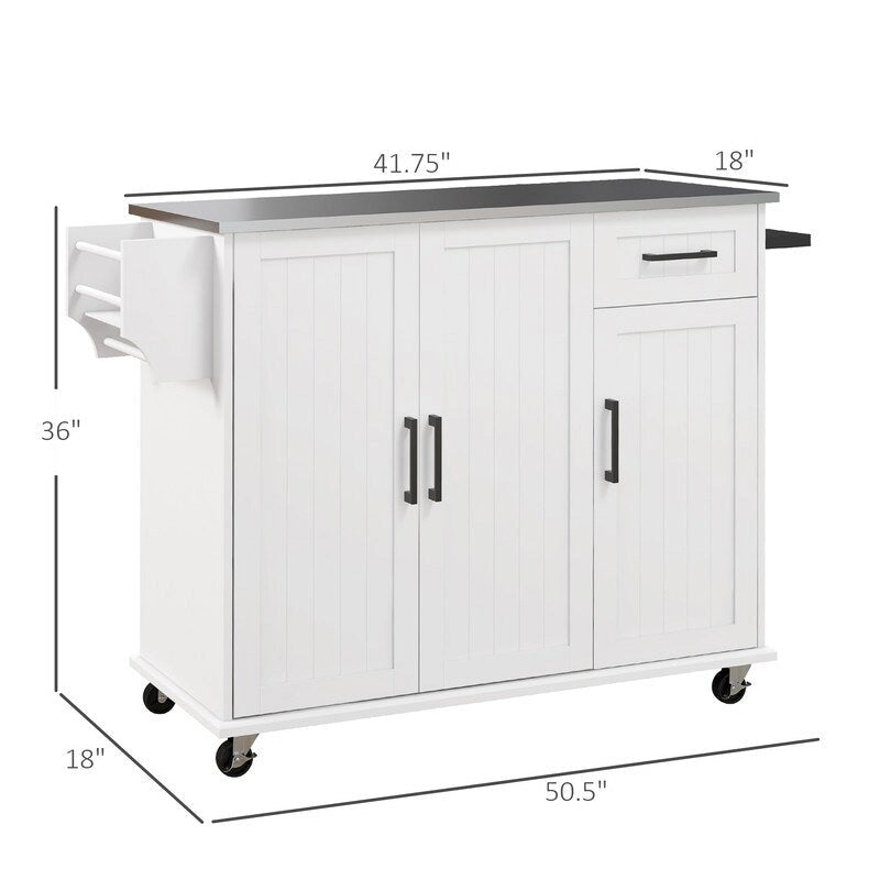 Îlot de cuisine roulant de 50,5 cm avec tiroir, 3 placards, plan de travail en inox, étagère à épices et porte-serviettes.