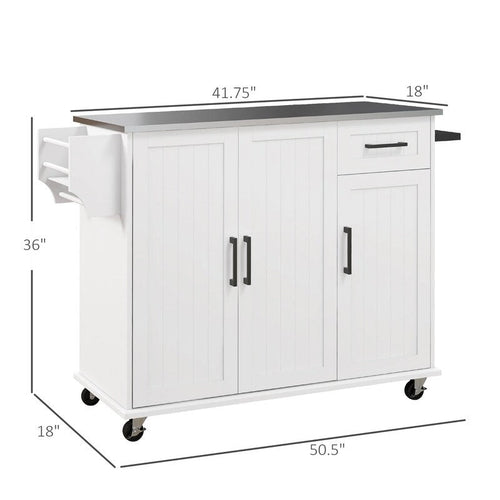 Îlot de cuisine roulant de 50,5 cm avec tiroir, 3 placards, plan de travail en inox, étagère à épices et porte-serviettes.