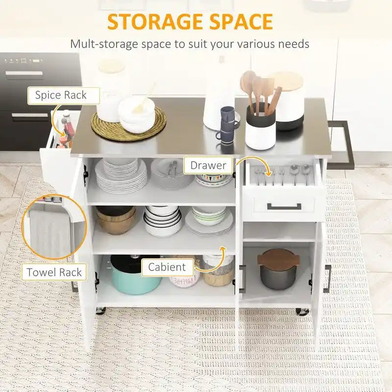 Îlot de cuisine roulant de 50,5 cm avec tiroir, 3 placards, plan de travail en inox, étagère à épices et porte-serviettes.