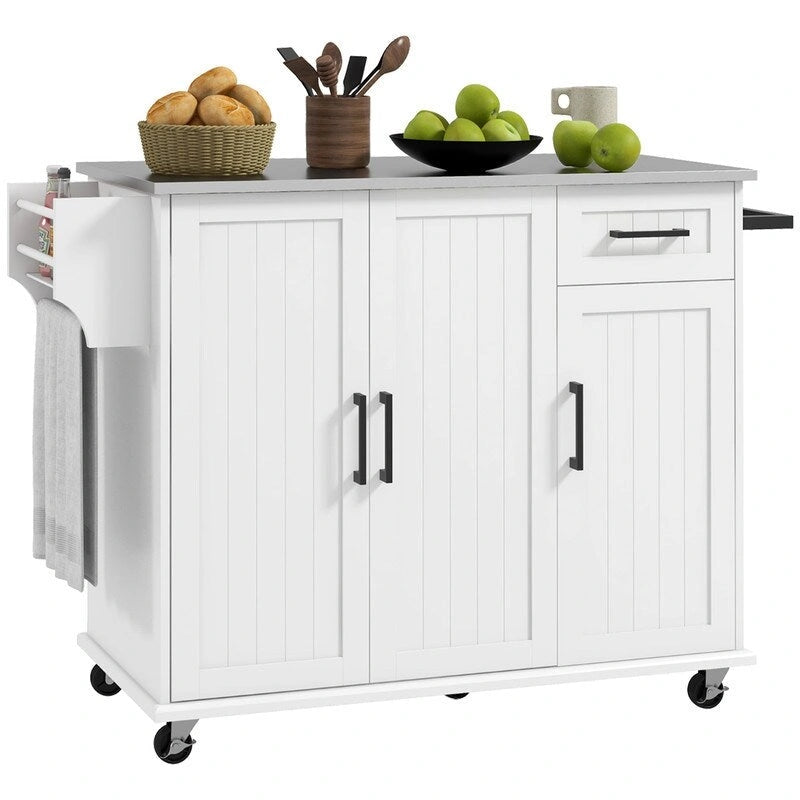Îlot de cuisine roulant de 50,5 cm avec tiroir, 3 placards, plan de travail en inox, étagère à épices et porte-serviettes.