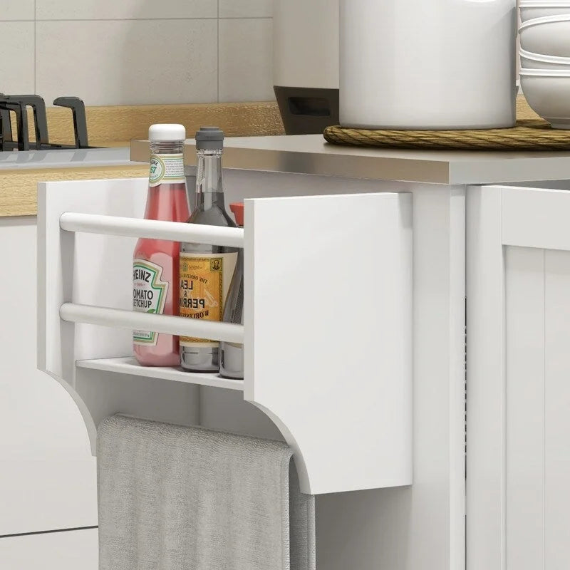 Îlot de cuisine roulant de 50,5 cm avec tiroir, 3 placards, plan de travail en inox, étagère à épices et porte-serviettes.