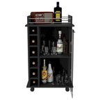 Chariot de bar Baltimore, meuble à deux niveaux avec porte vitrée, six casiers à vin, finition wengé noir pour la cuisine, les réceptions et le salon