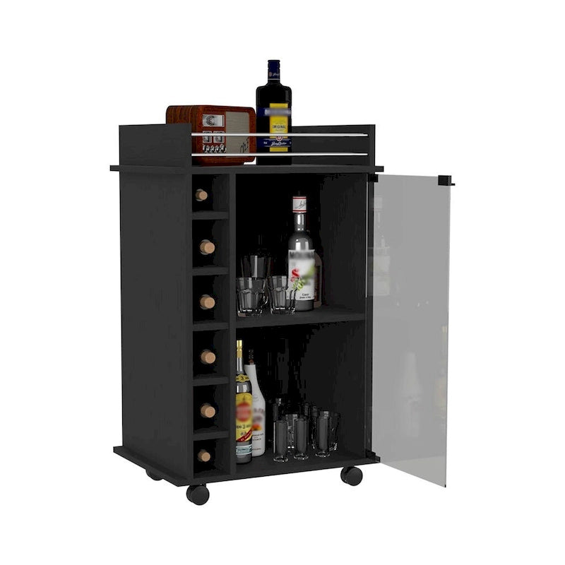 Chariot de bar Baltimore, meuble à deux niveaux avec porte vitrée, six casiers à vin, finition wengé noir pour la cuisine, les réceptions et le salon
