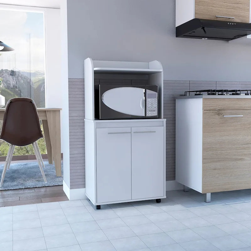 Kira Kitchen Kart, meuble à double porte, une étagère ouverte, deux étagères intérieures - Blanc