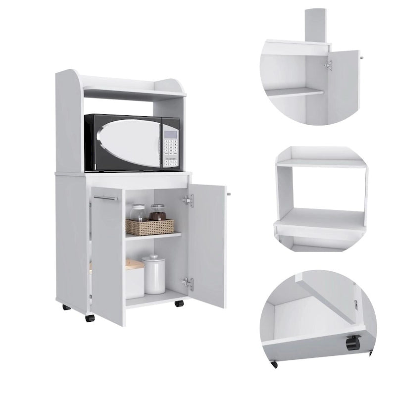 Kira Kitchen Kart, meuble à double porte, une étagère ouverte, deux étagères intérieures - Blanc