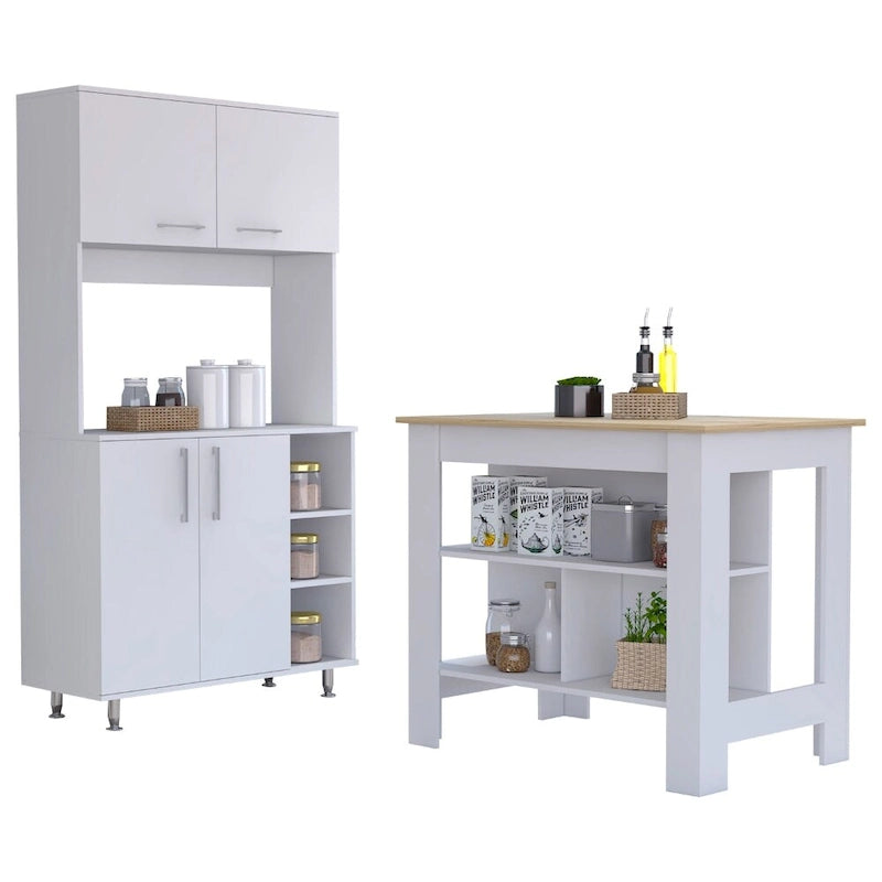 Ensemble de cuisine Ralston 2 pièces, îlot et armoire garde-manger à 4 portes et 7 étagères, blanc et chêne clair