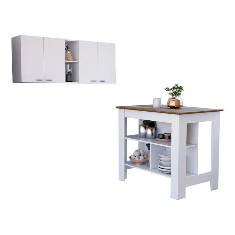 Ensemble de cuisine Sierra 2 pièces, 7 étagères, 4 portes, armoire murale et îlot de cuisine, blanc et chêne clair
