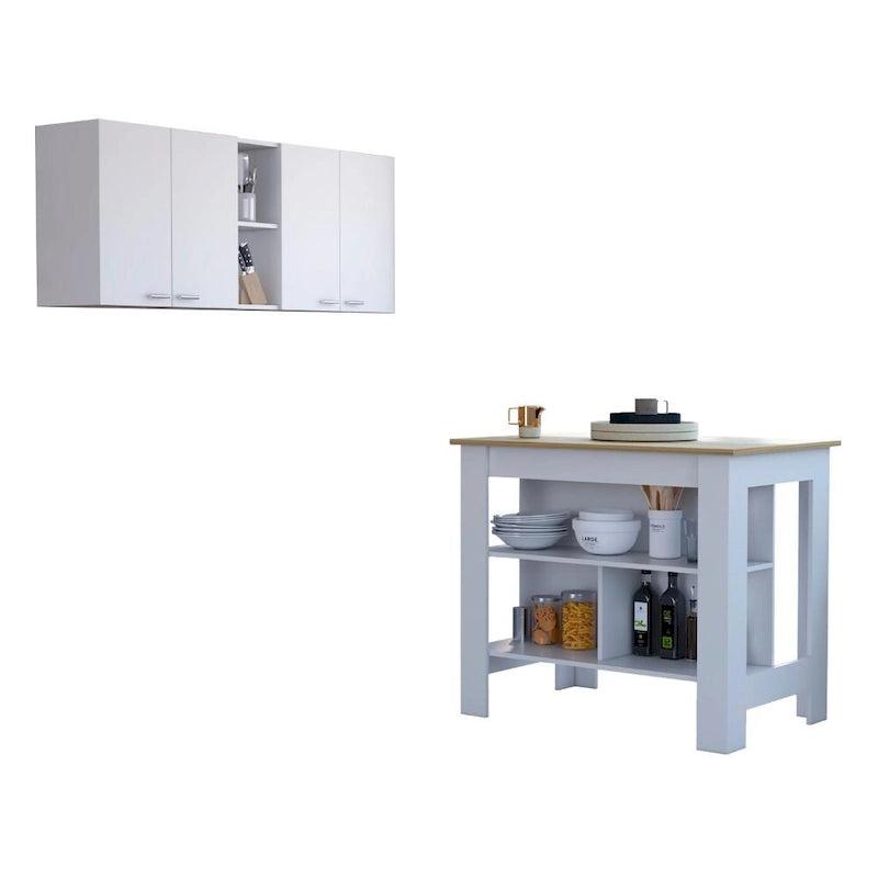 Ensemble de cuisine Sierra 2 pièces, 7 étagères, 4 portes, armoire murale et îlot de cuisine, blanc et chêne clair
