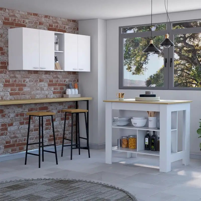 Ensemble de cuisine Sierra 2 pièces, 7 étagères, 4 portes, armoire murale et îlot de cuisine, blanc et chêne clair