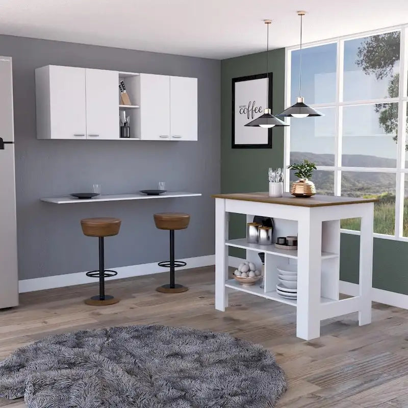 Ensemble de cuisine Sierra 2 pièces, 7 étagères, 4 portes, armoire murale et îlot de cuisine, blanc et chêne clair